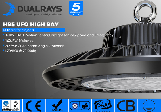 Motion And Daylight Sensor Dimmable 100W 150W 200W IP65 UFO High Bay Light For Food Factory