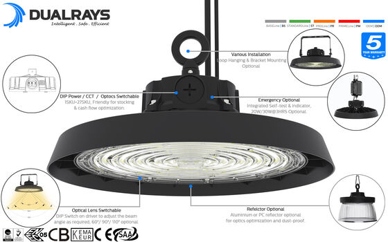 200W 150LPW HB5 3 in 1 super highbay with DIP switchable optical lens (60°/90°/110°), power (100%-80%-60%), 3 CCT optional