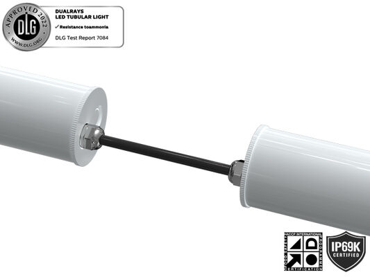 1.5m 60W IP69K IK10 TB7 LED Tubular Light for Chemical Facilities with 3 or 5 wiring-through linkable and DIP Switchable Power/3CCT/3-Phase Changing