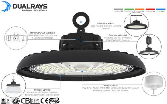 HB3 DIP Switchable Power and 3CCT UFO LED High Bay Light 100W 192LPW with Ready for Sensor (PIR/Motion Sensor)