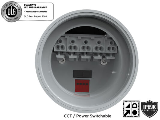 1.5m 60W IP69K IK10 MTB7 Marine LED Tubular Light for Docks and Passageways with 3 or 5 wiring-through linkable and DIP Switchable Power/3CCT/3-Phase Changing