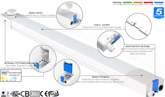 D4 LED Moisture-proof Lamp 160LPW with Ready 4 Emergency 4W@3HRS with DIP switch power & CCT,means 1SKU=48 SKU