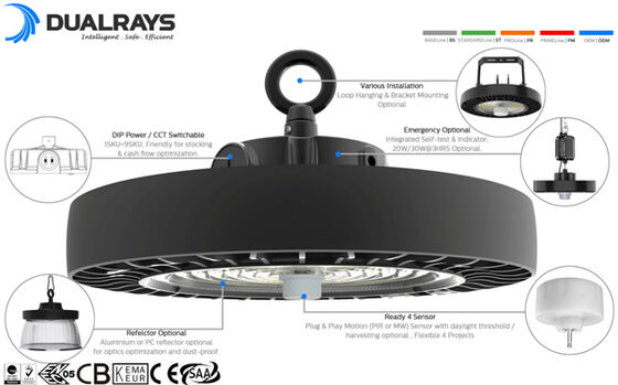50W 60W 80W 4000K PC Lens IP65 IK08 7 Year Warranty Factory Warehouse DUALRAYS LIGHTING HB4H UFO LED High Bay Light