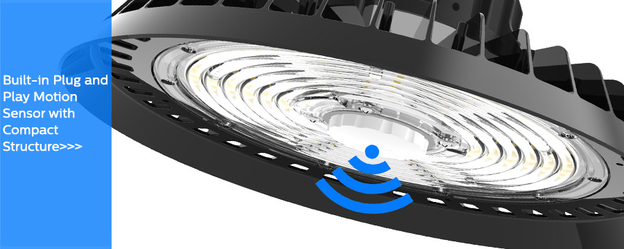 5 Years Warranty No UV or IR UFO LED High Bay Light CE CB SAA TUV GS With Pluggable Motion Sensor